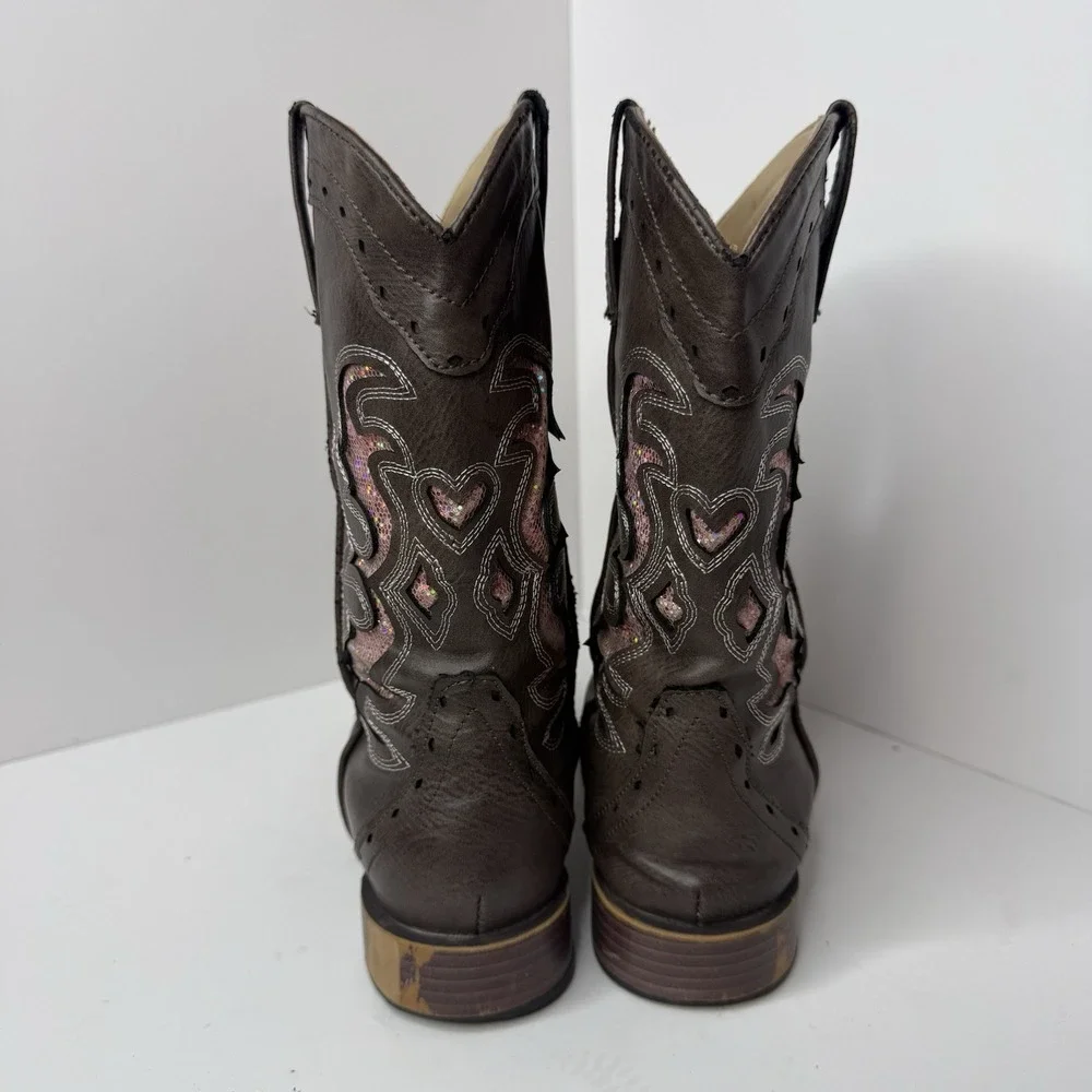 Kids Roper Brown Western Cowgirl Boots Pink Glitter Inlay Overlay Stitching